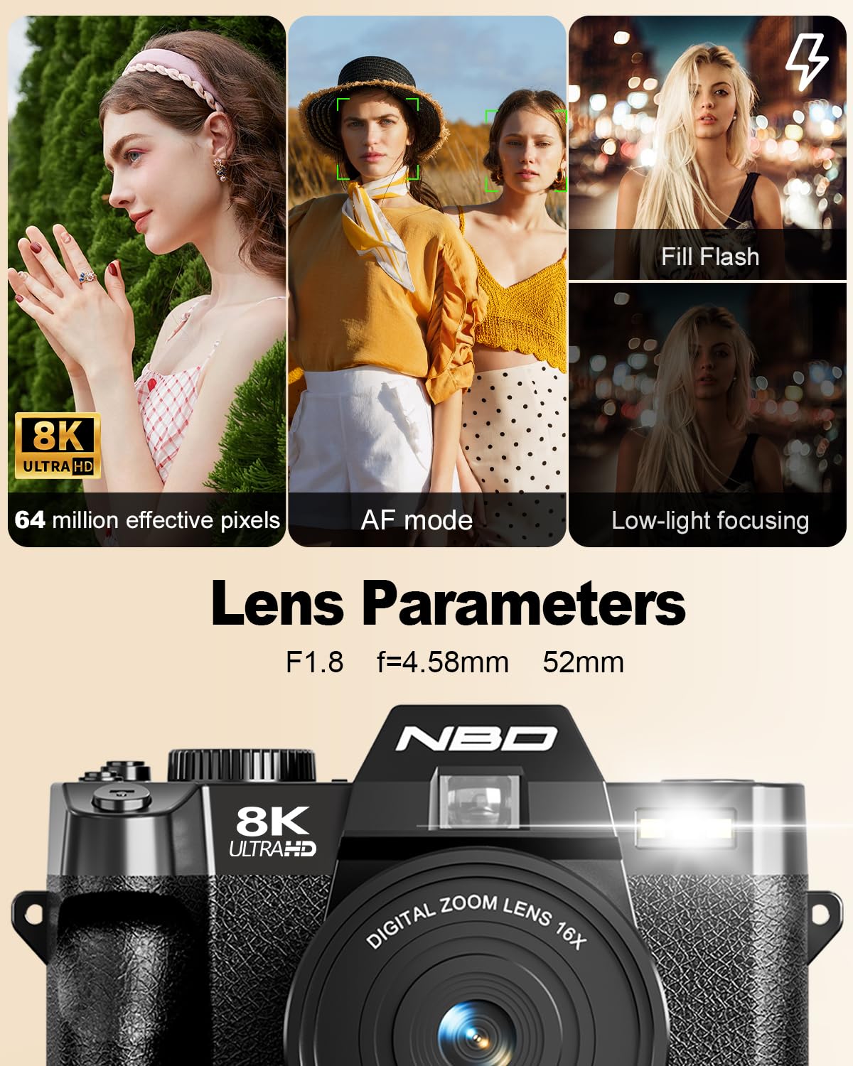 Amazon | NBD 8Kデジタルカメラ、写真用、64MP Camara Fotograficas